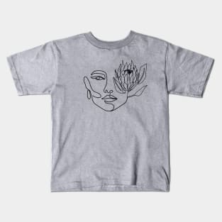 One line woman face with protea flower. Continuous line print. Kids T-Shirt